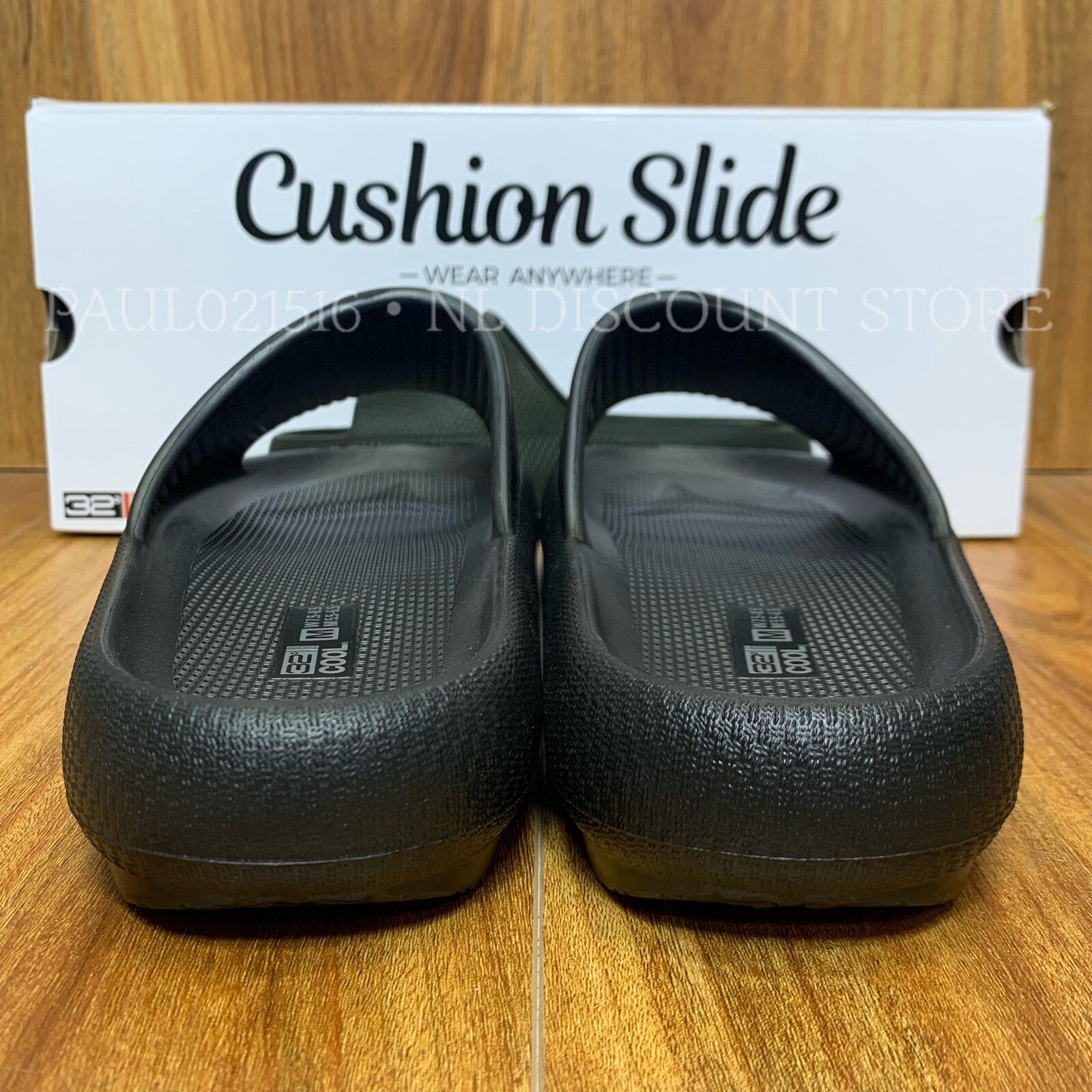 32 DEGREES COOL Cushion Slides Unisex (W)Women’s (M)Men’s ~ Black ~ XS S M L XL