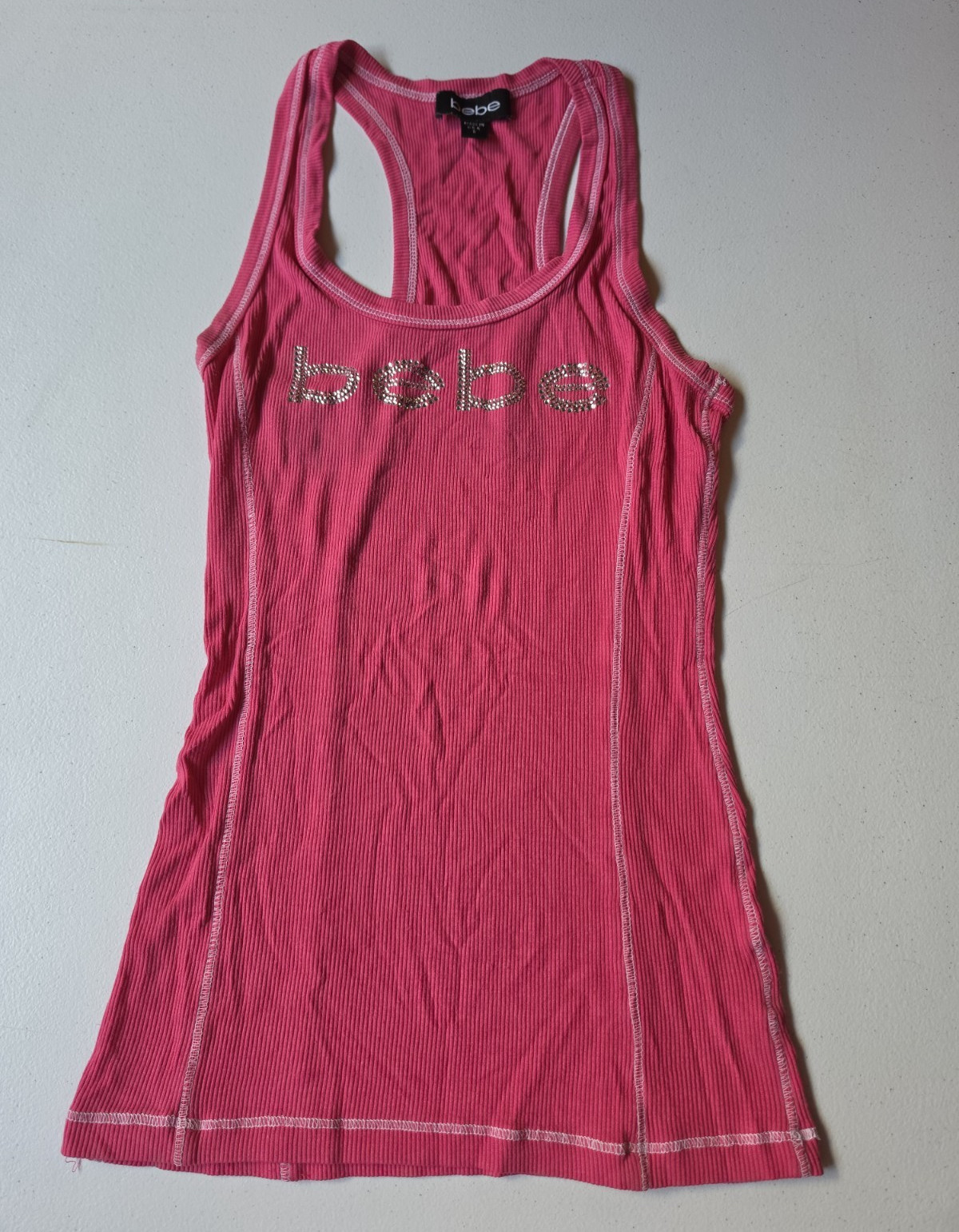 bebe Women’s S Pink Ribbed Knit Racerback Tank Top Rhinestone Logo Stretch