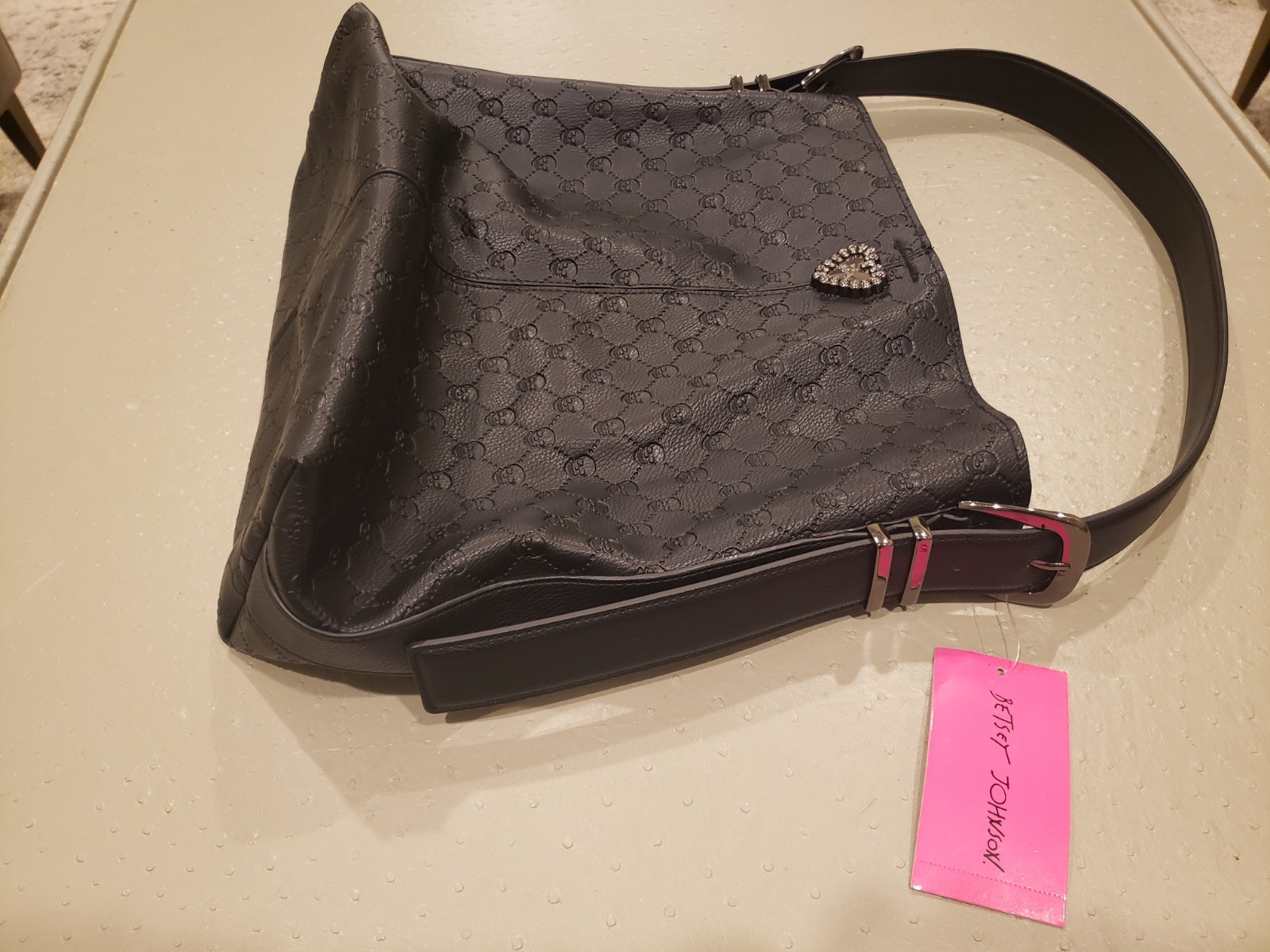 Betsey Johnson Black Skull Embossed Hobo Shoulder Bag Snap, Pockets, Charm