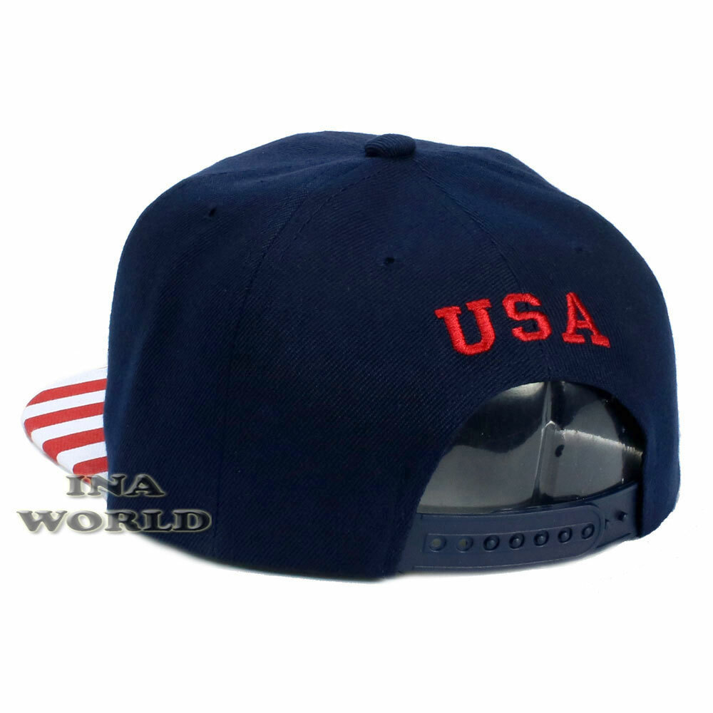 USA Flag Hat Stars and Stripes Flag Flat Bill Snapback Baseball Cap- Navy Blue