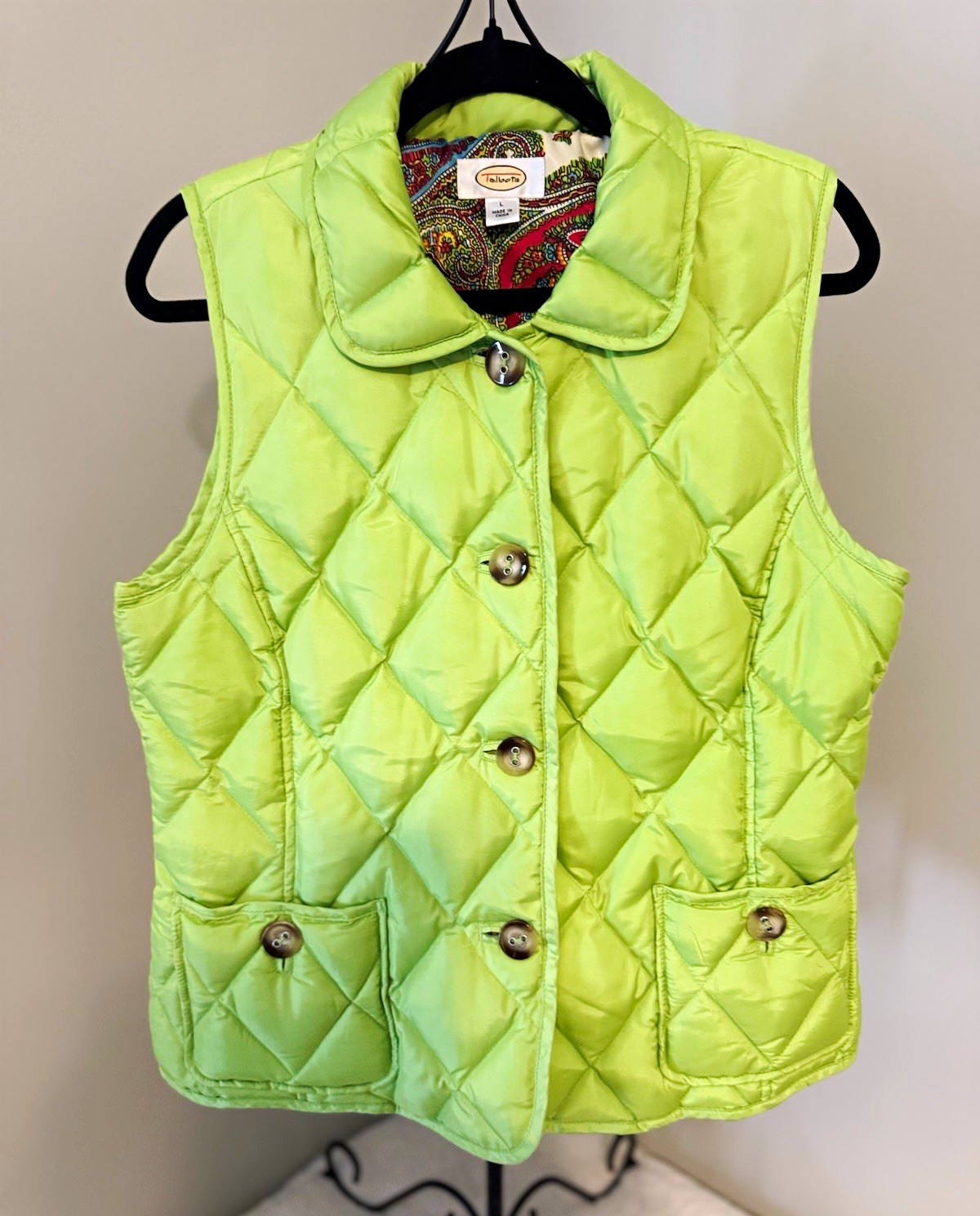 Talbots Women’s Green Quilted Vest Button Front Lined Pockets Size L