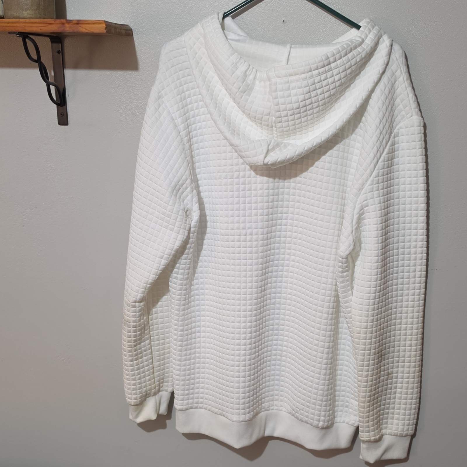 Women’s White Textured Knit Pullover Hoodie, Hooded Drawstring, Large