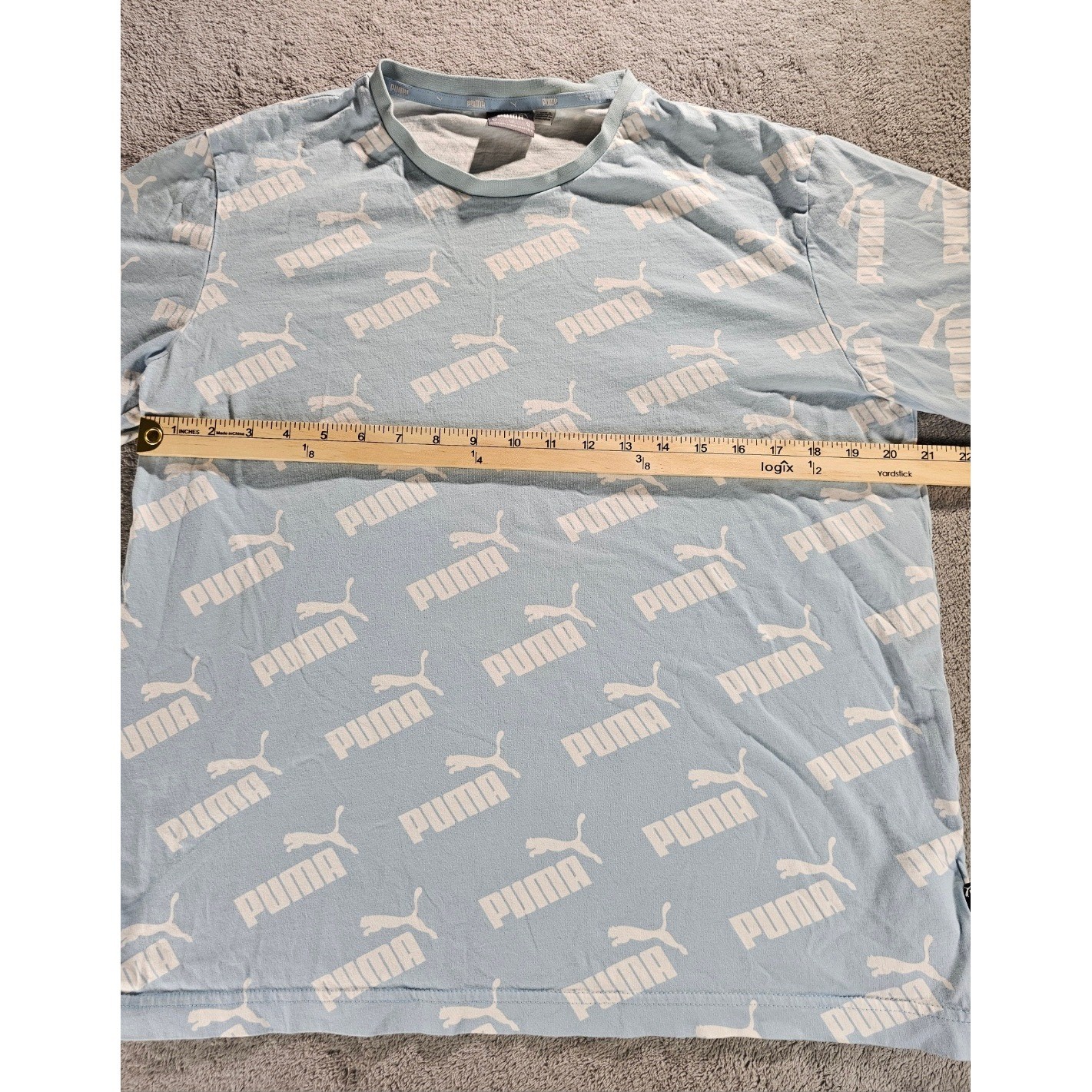Puma Mens All Over Logo Print T-Shirt Light Blue White Short Sleeve Size M