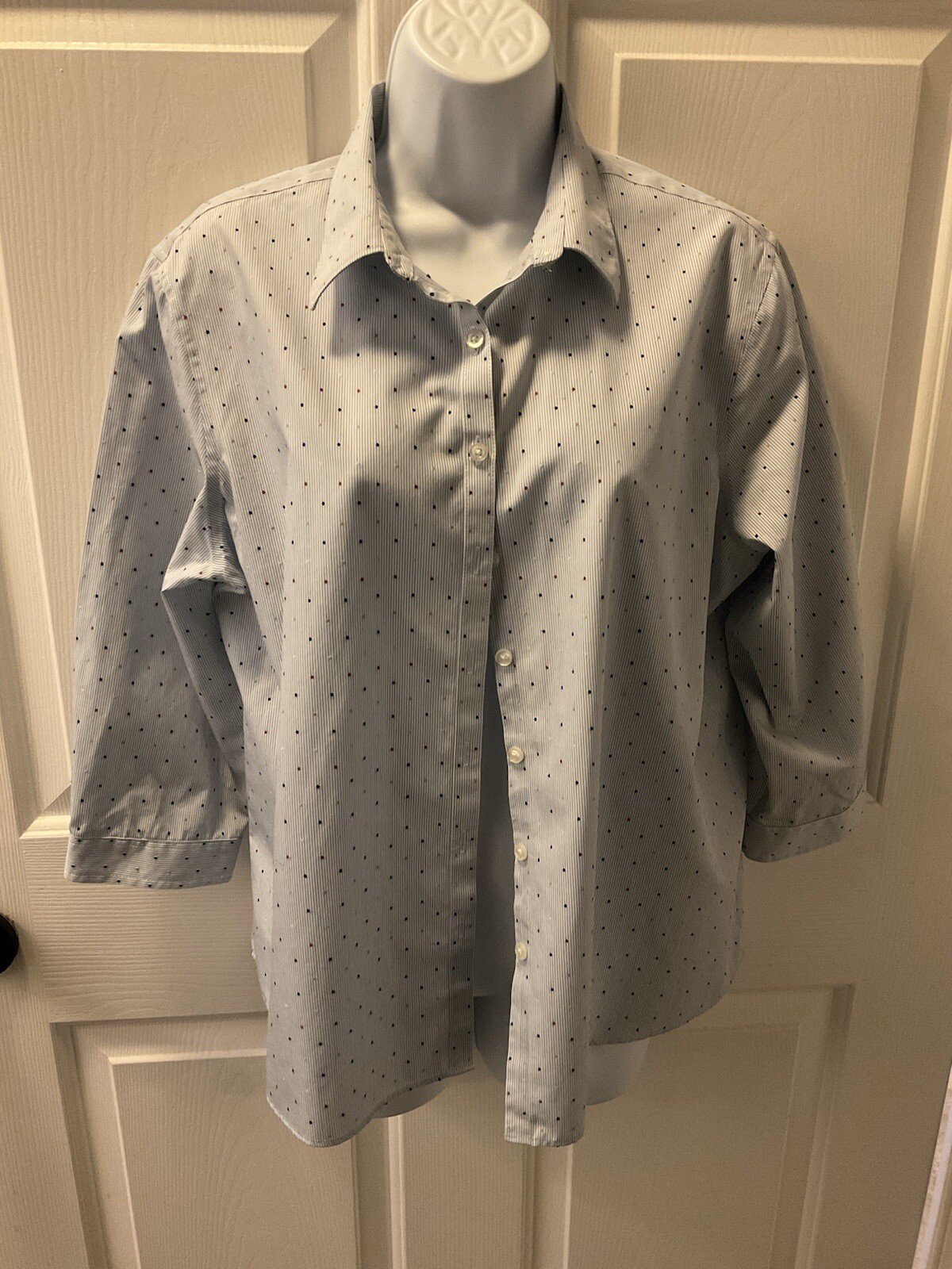 Lands’ End Cotton Blouse 3/4 Sleeve, button Cuff Pinstripe W/ Color Dots Sz 16P
