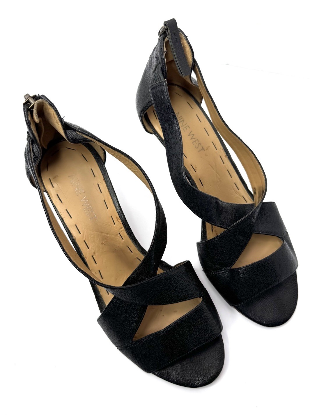Nine West Women’s Black Leather Wedge Sandals Strappy Peep Toe Size 7M