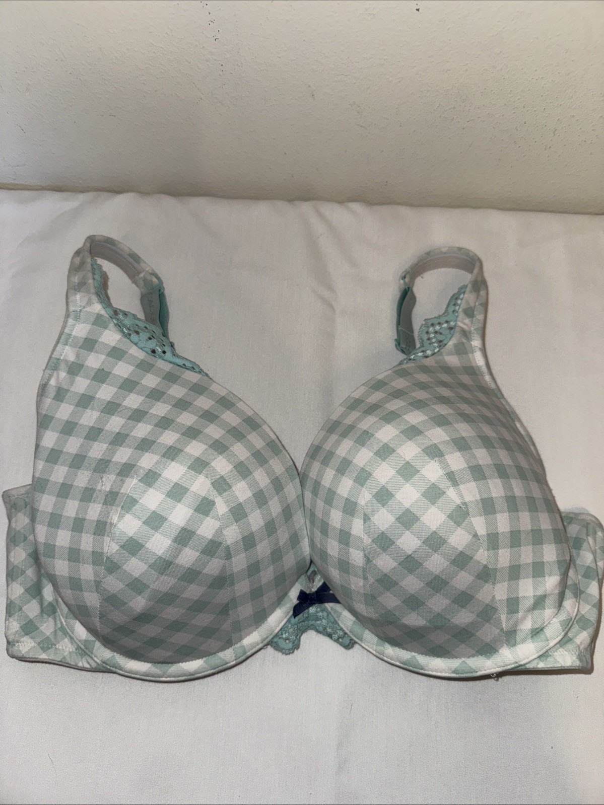Cacique 40DD Boost Plunge Bra Turquoise And White Lace Gingham Strap