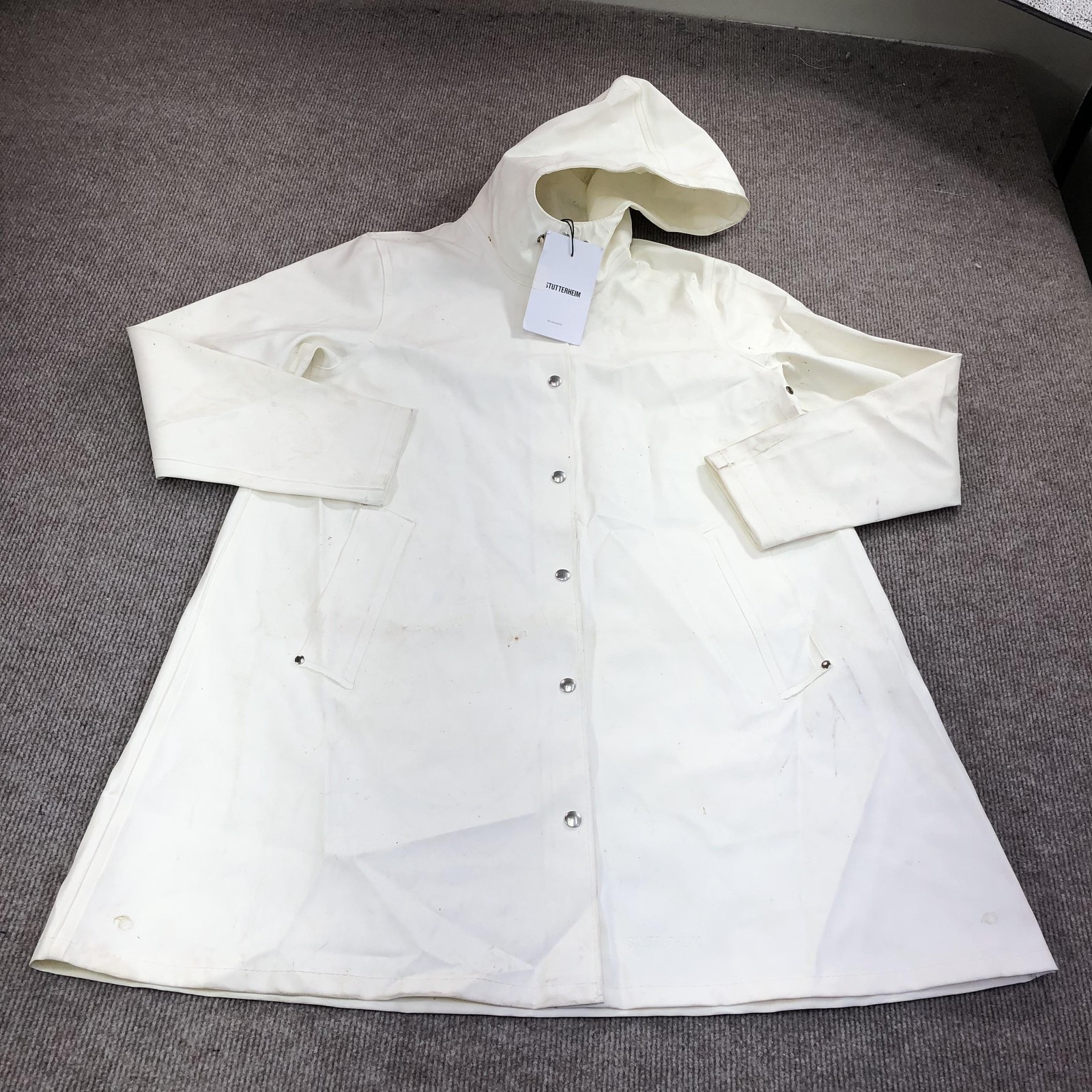 Stutterheim Mosebacke Rain Coat Womens M White Hooded Rubberized Waterproof