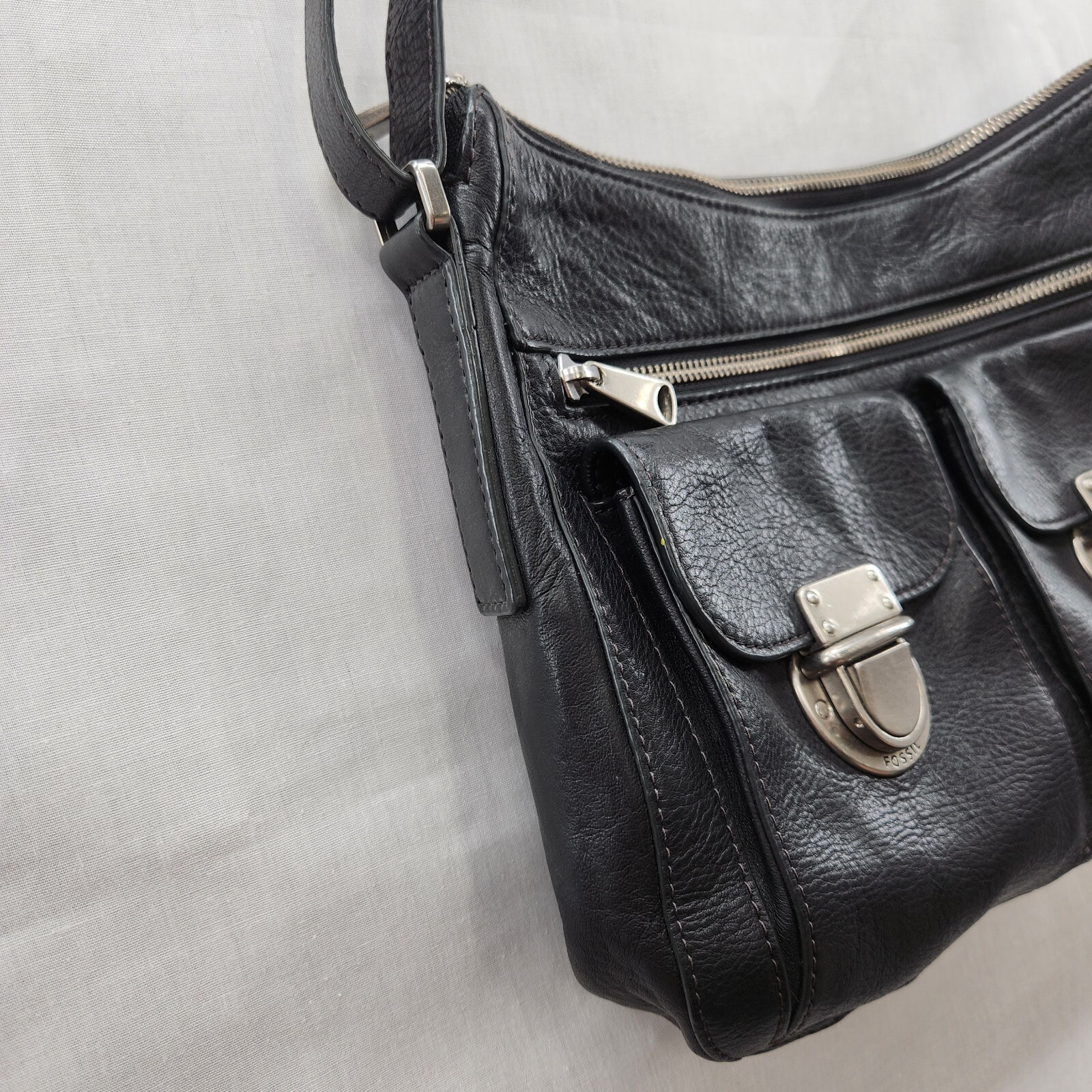 Fossil Purse Riley Genuine Leather Black Push Lock Cross Body Shoulder Bag