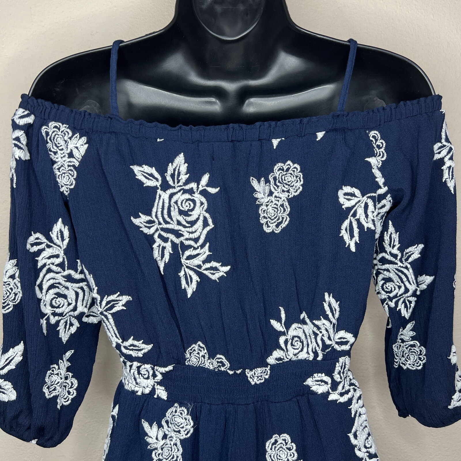 Small Dark Blue White Embroidered Floral Peasant Boho Dress Cold Shoulder