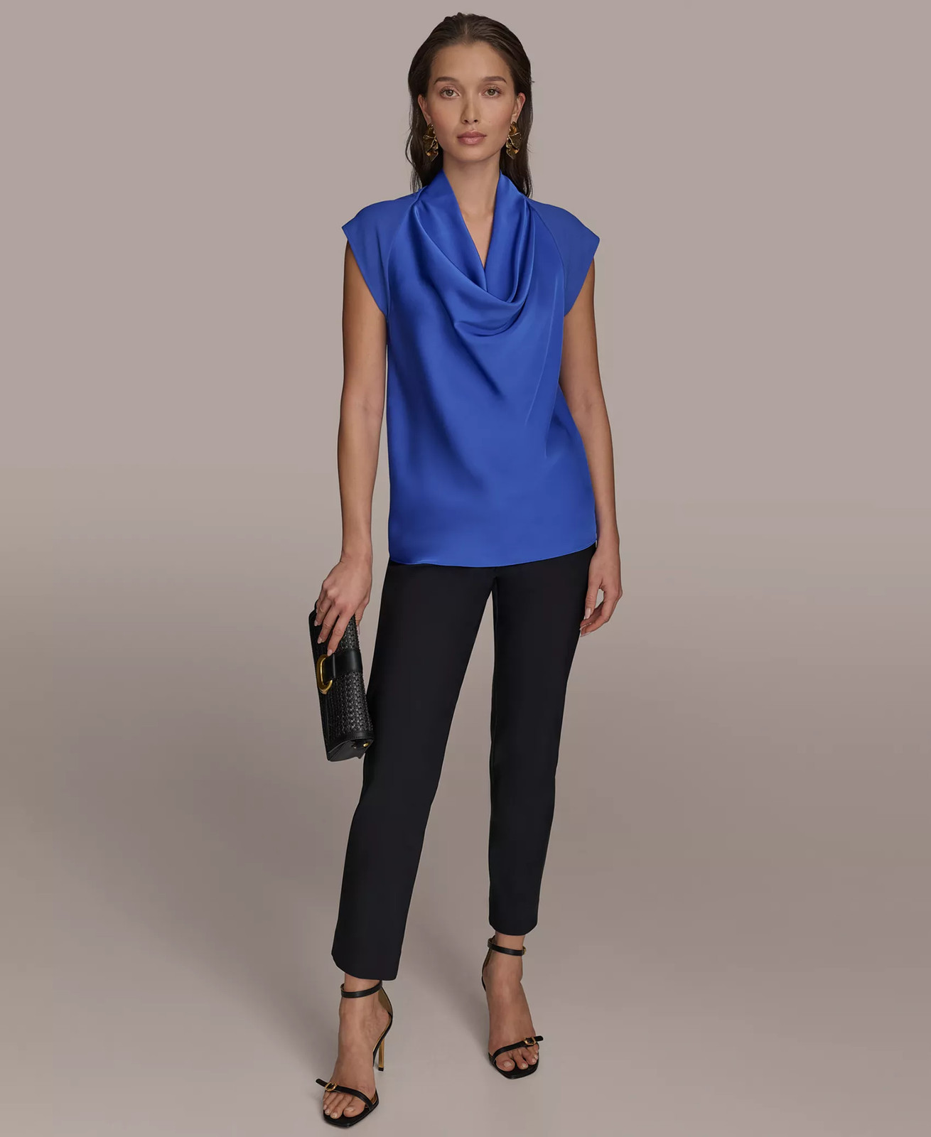 /LX010/ Donna Karan New York Cap Sleeve Cowl Neck Top Blue Sz M