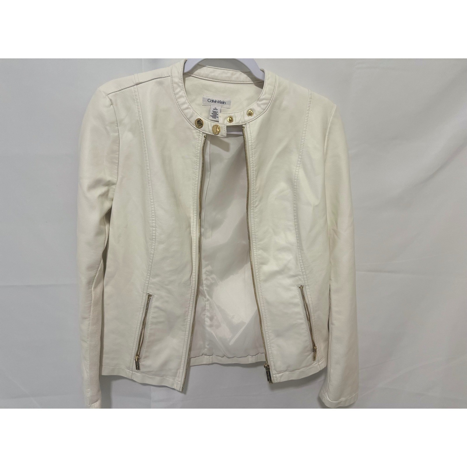 Calvin Klein Faux Leather Moto Jacket Women Small Cream Good Gold Zip