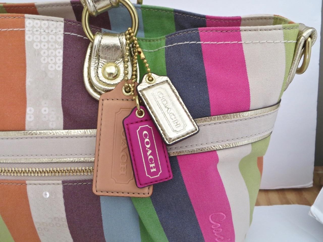 New Coach Legacy Striped Pink Green Blue Sequined Rocker Purse Crossbody RARE!