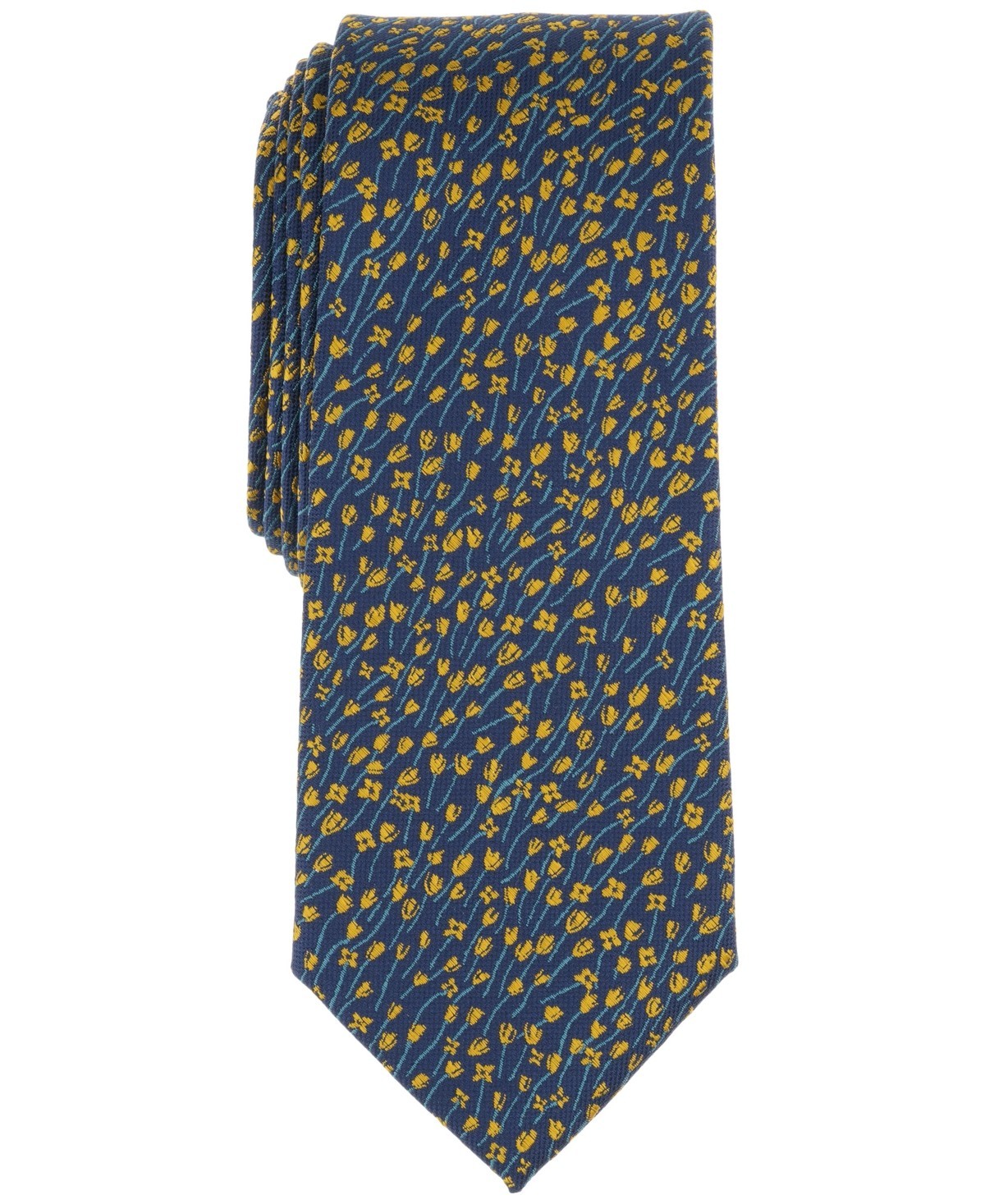 Bar III Mens Bennet Skinny Floral Neck Tie Yellow Gold Navy Blue