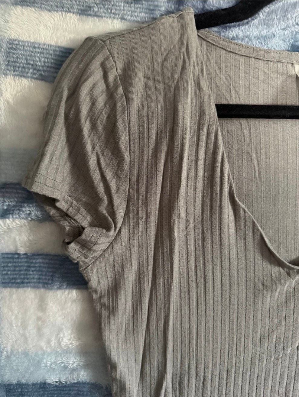 Mono B Taupe Grey Ribbed V-Neck Short Sleeve Bodysuit