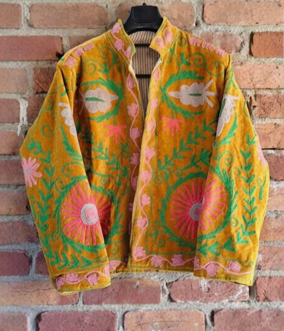 Handmade Suzani Jacket Mustard Pink Green Floral Embroidery Boho Festival Coat
