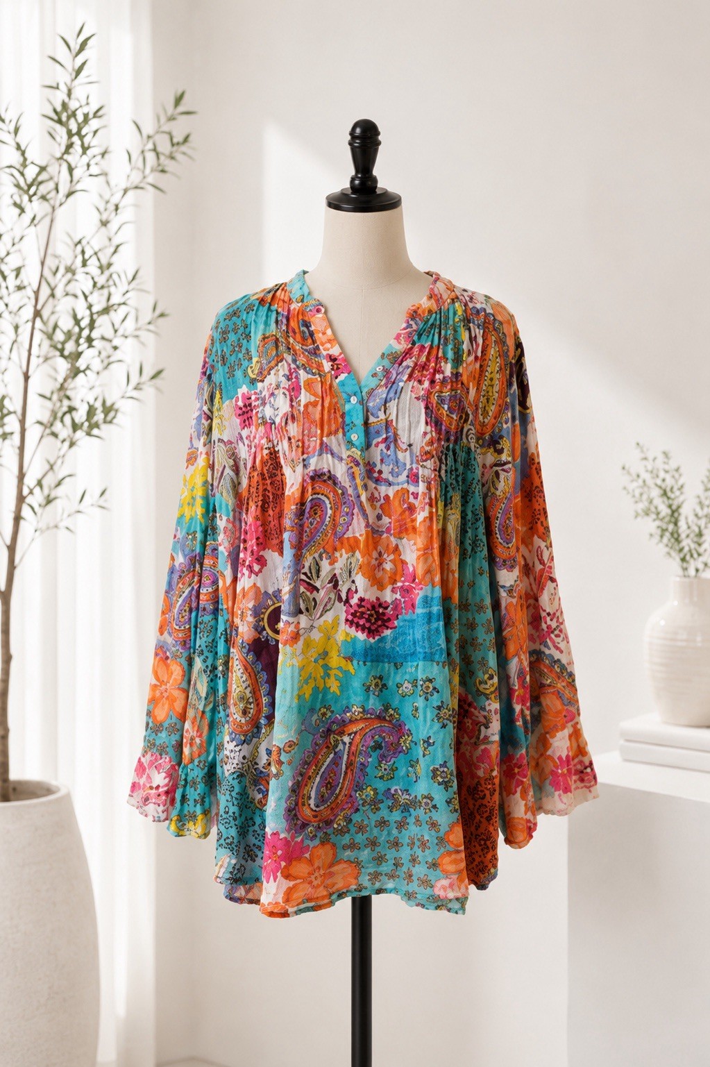 Bella Sol Women XL 100% Cotton Floral Boho Tunic Top Peasant Blouse Sheer