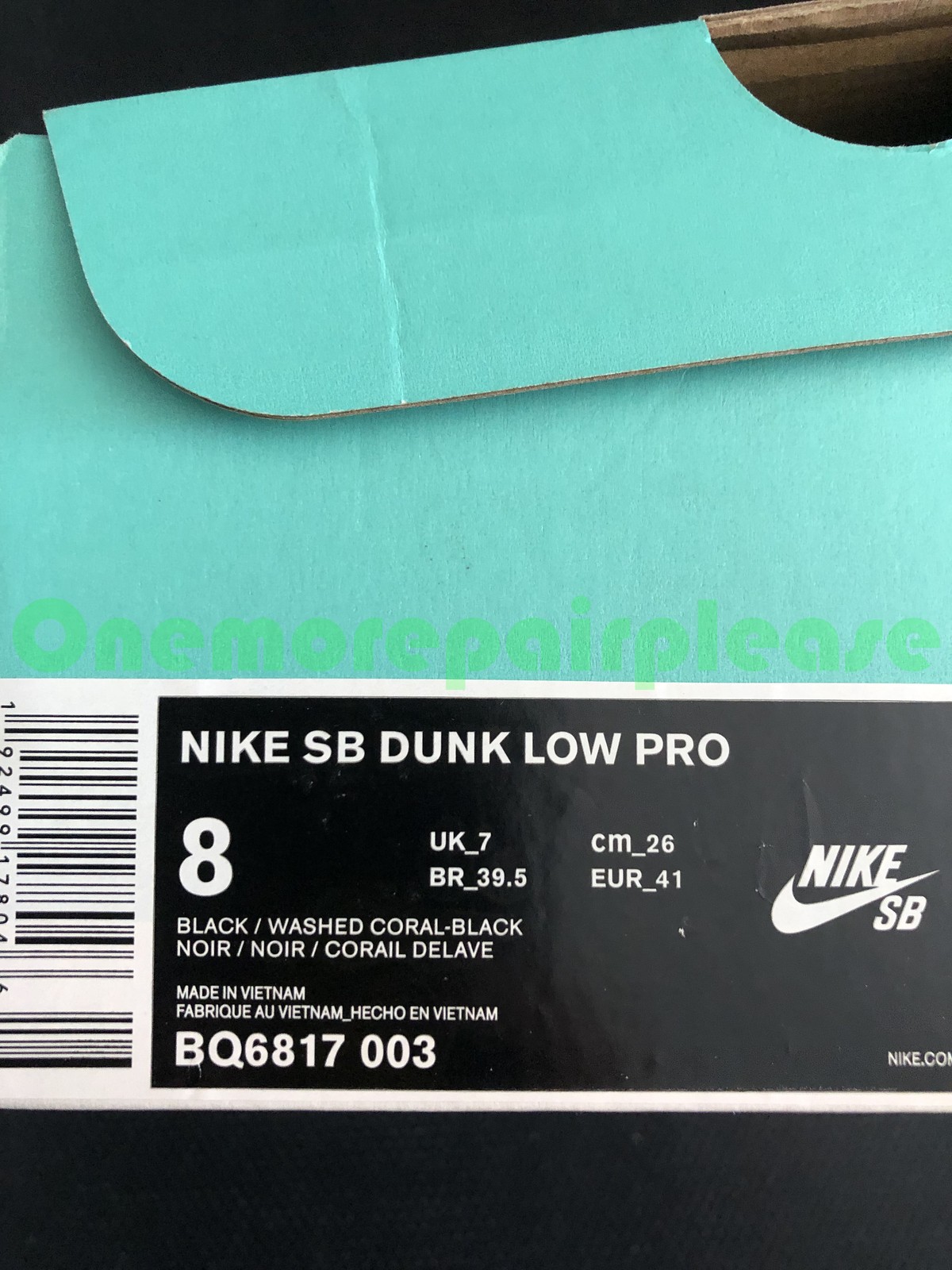 Nike SB Dunk Low Pro BQ6817-003 Black Washed Coral-Black Size 8
