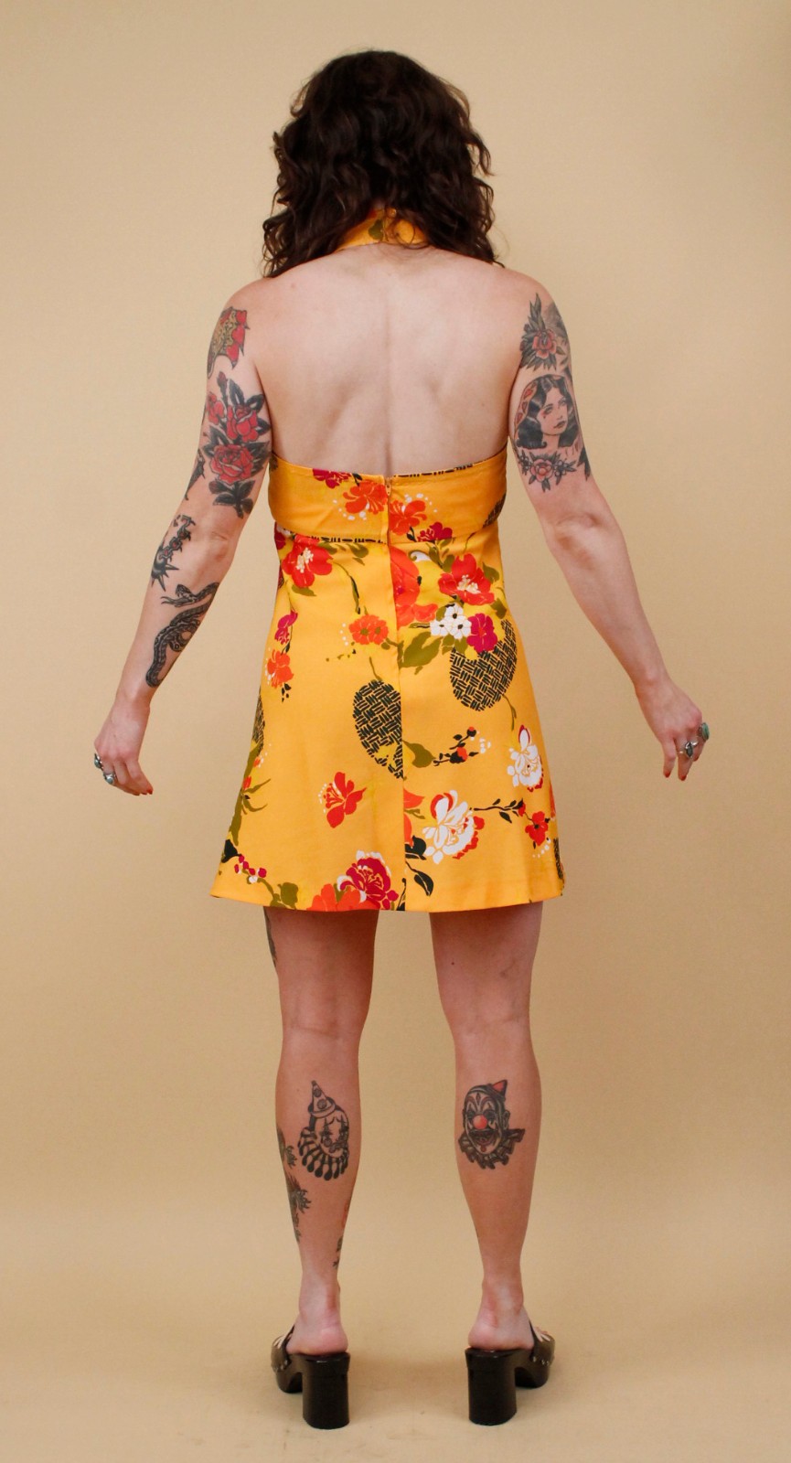 60s 70s Vtg Yellow Floral Micro Mini Dress Halter Top Mod Hawaiian Handmade Xs
