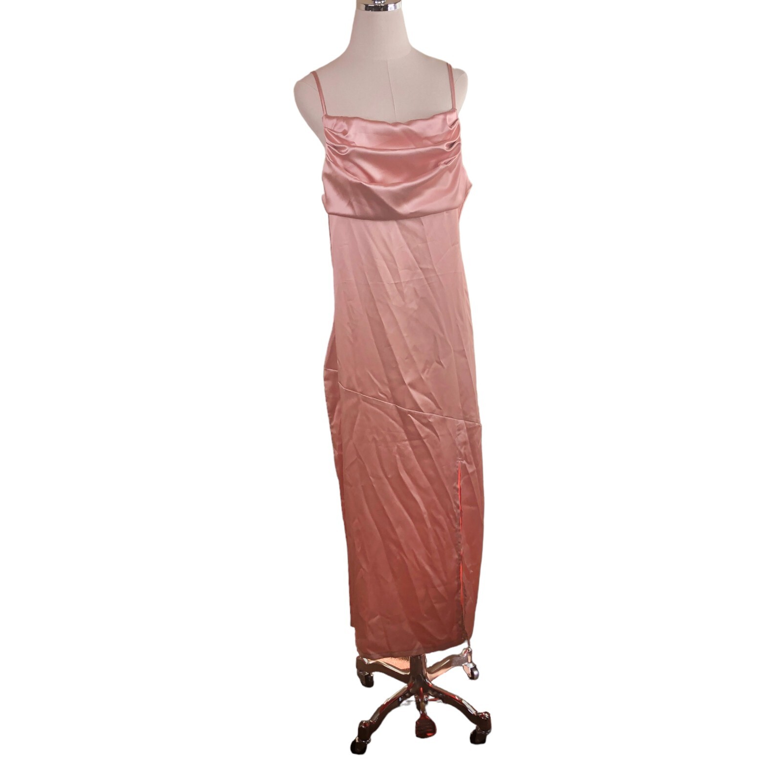 Fiemaoves Slip Dress Large Rose Pink Satin Adjustable Strap Ruched Bodice Maxi