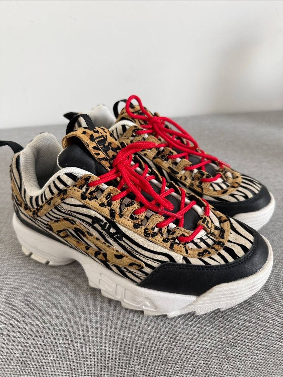Fila disruptor ll Zebra & Leopard Mixed-Print Sneakers with Red Laces