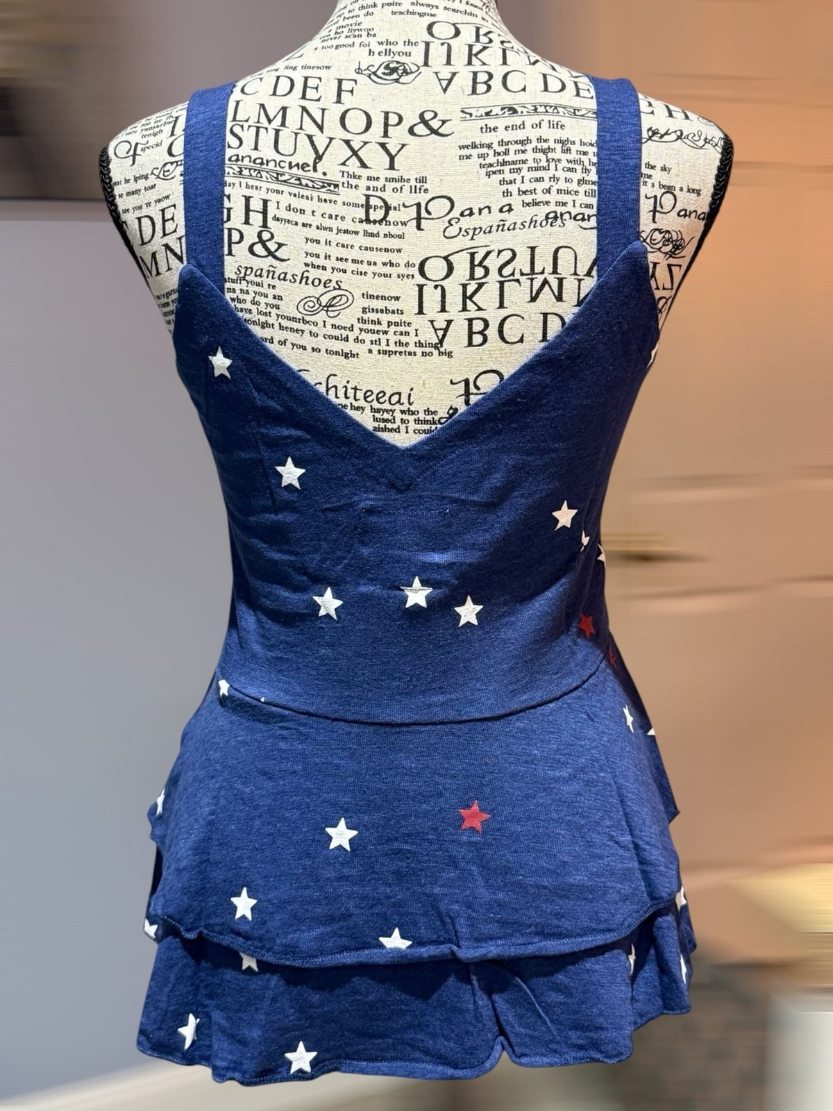 Chaser Star Print Peplum Tank Top XS NWT Patriotic Red White Blue Ruffle Hem