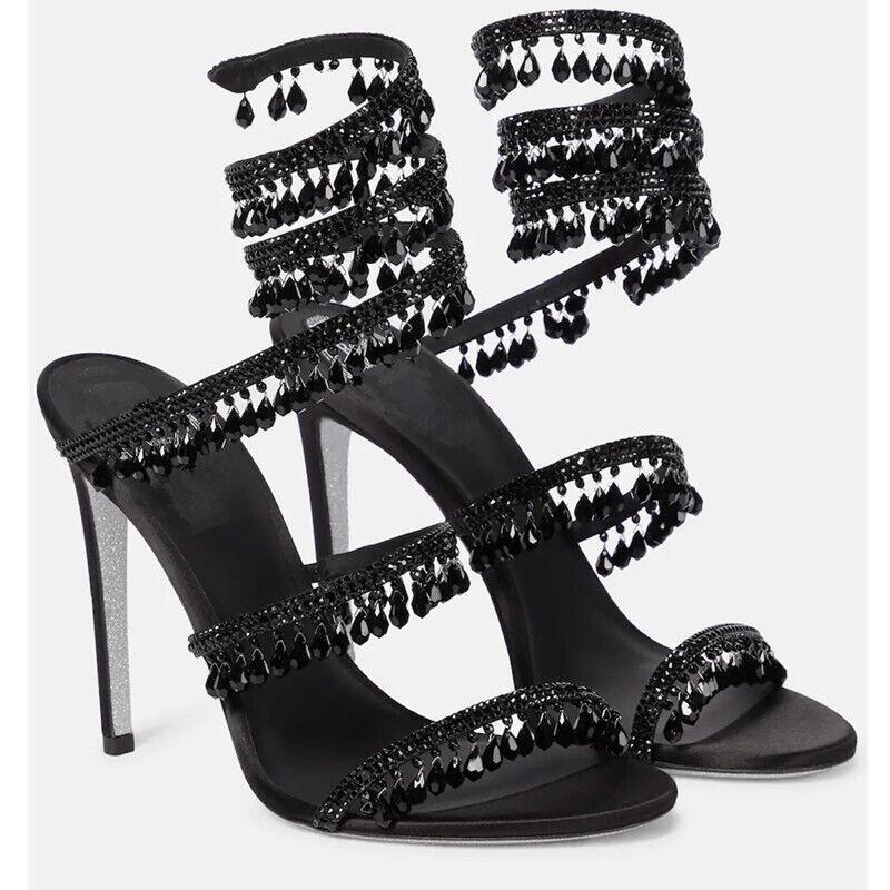 Women Glitter Crystal Rhinestone Tassels High Heel Stiletto Shoe Open Toe Sandal