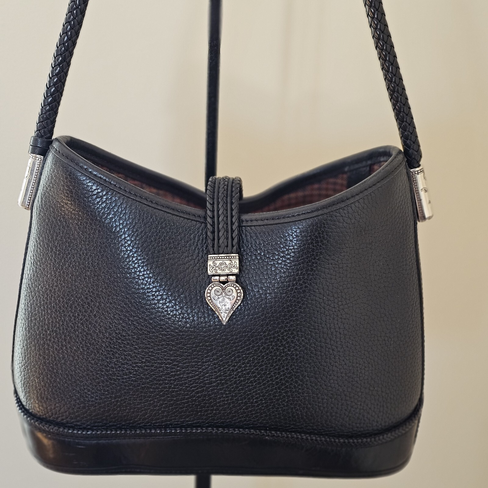 VTG Brighton Black Pebble Leather Braided Strap Silver Heart Purse Hobo HandBag
