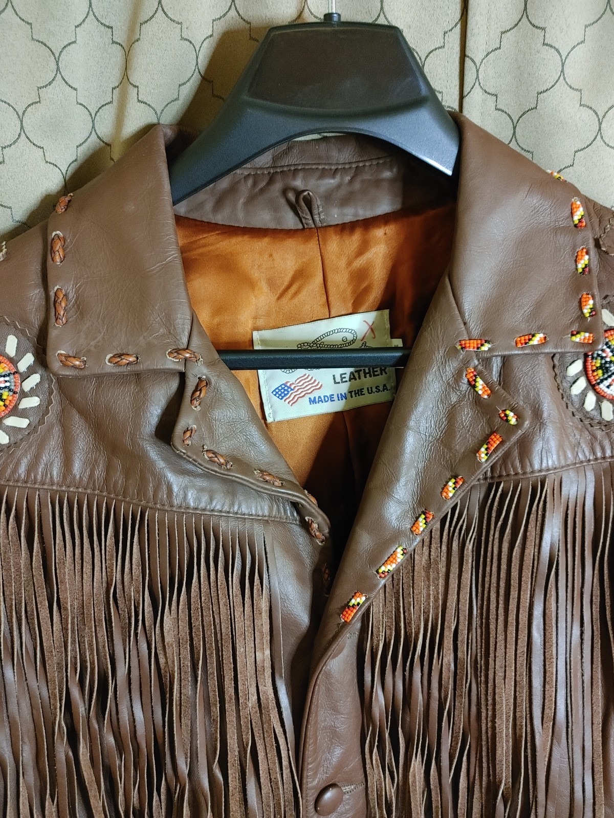 Vintage 70s Lariat Leather Fringe Jacket Beaded Western Cowboy Hippie Ranch USA