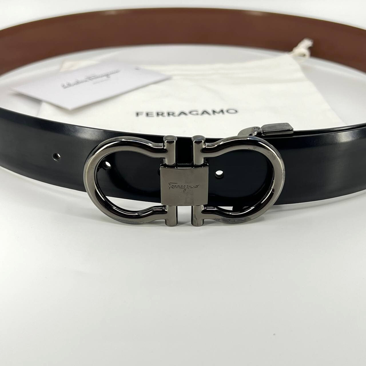 Authentic SALVATORE FERRAGAMO men’s patent leather belt black brown reversible