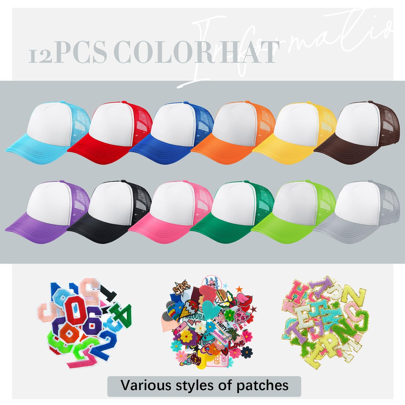 12 DIY Trucker Hats Kit, Sublimation Blank Baseball Caps with 120 pcs Embroid…