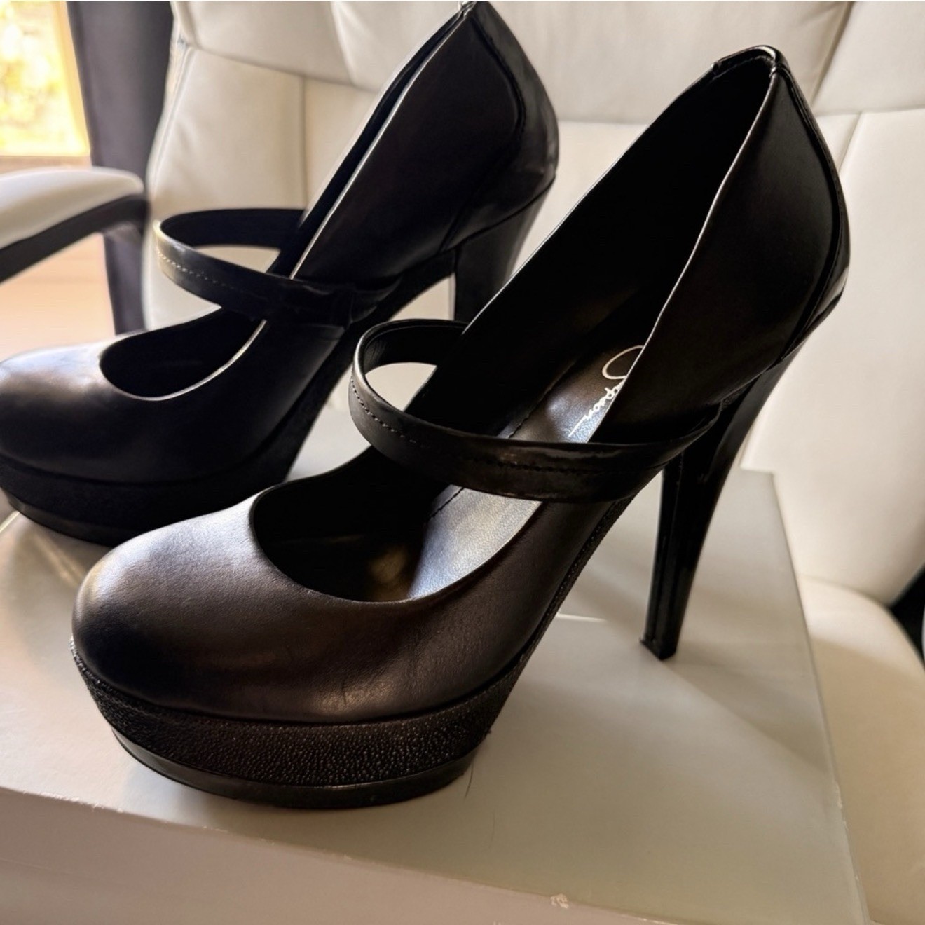 Jessica Simpson Black Leather Platform Mary Jane Heels Straps Round Toe 9.5M