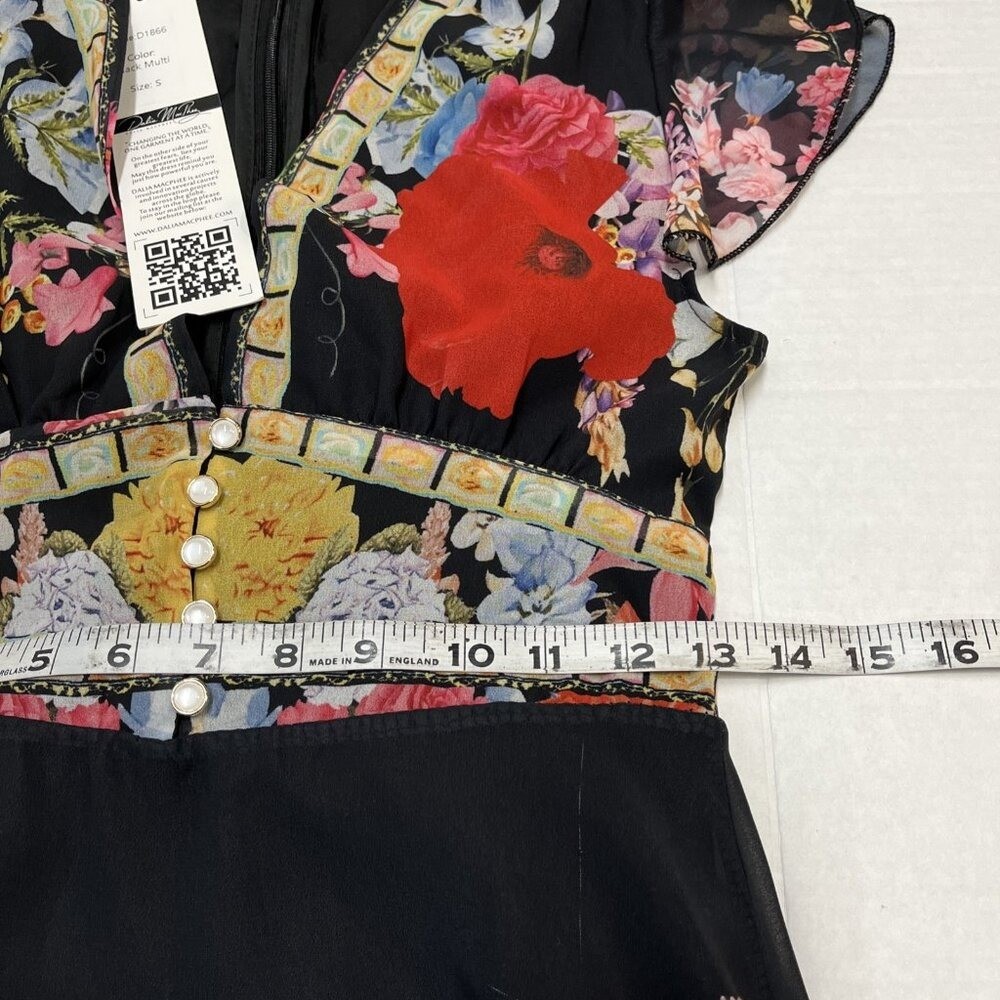 Dalia MacPhee Dress Black Chiffon Bright Floral Tiered Maxi Size S Flowy Event