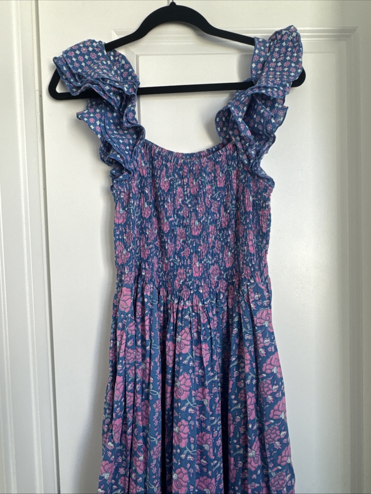 Mille Resort & Travel Floral Blue Midi Olympia Dress Fluttery Sleeves Small $268