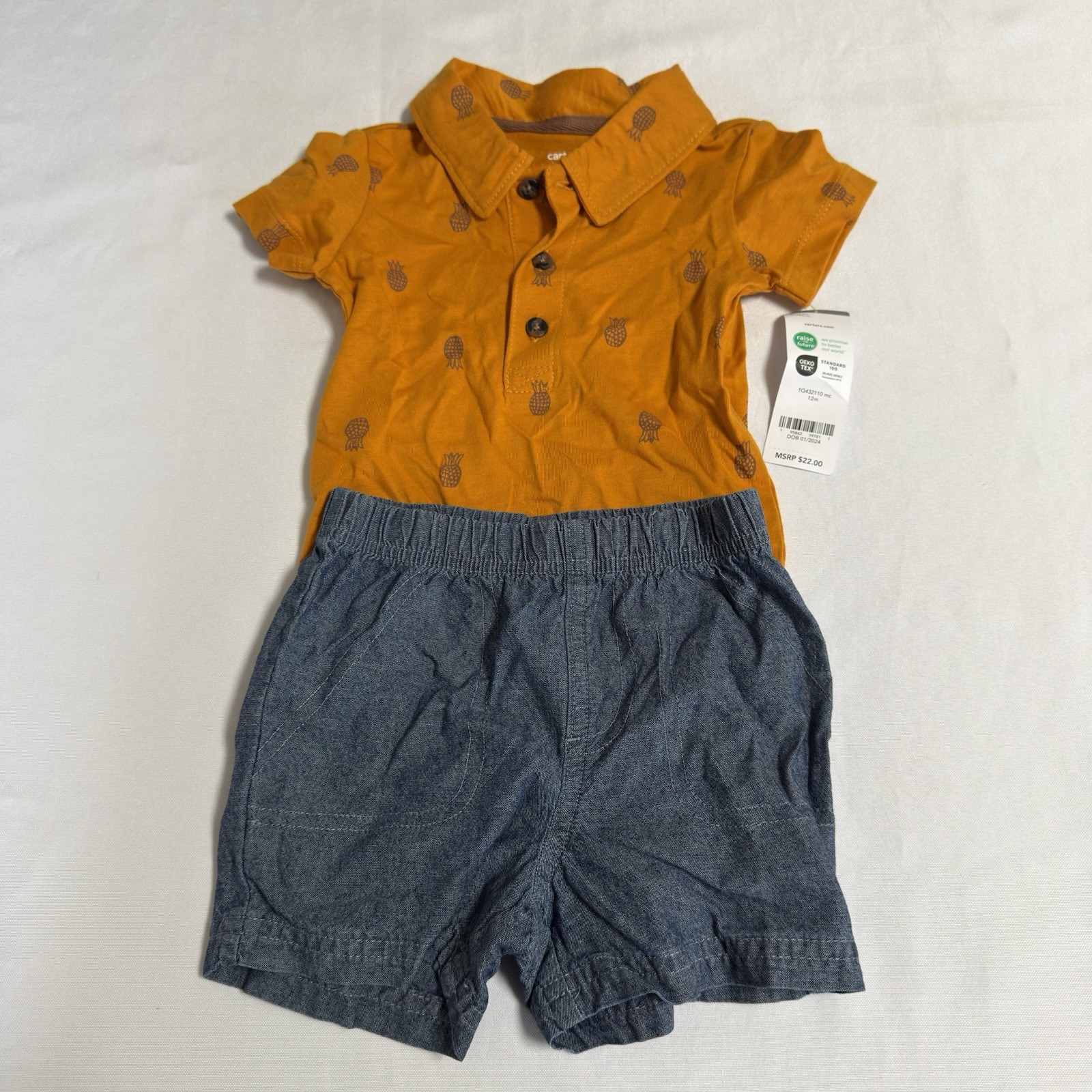 Carter’s Baby Boy’s Polo & Shorts Set Size 12 Months Pineapples Orange Blue