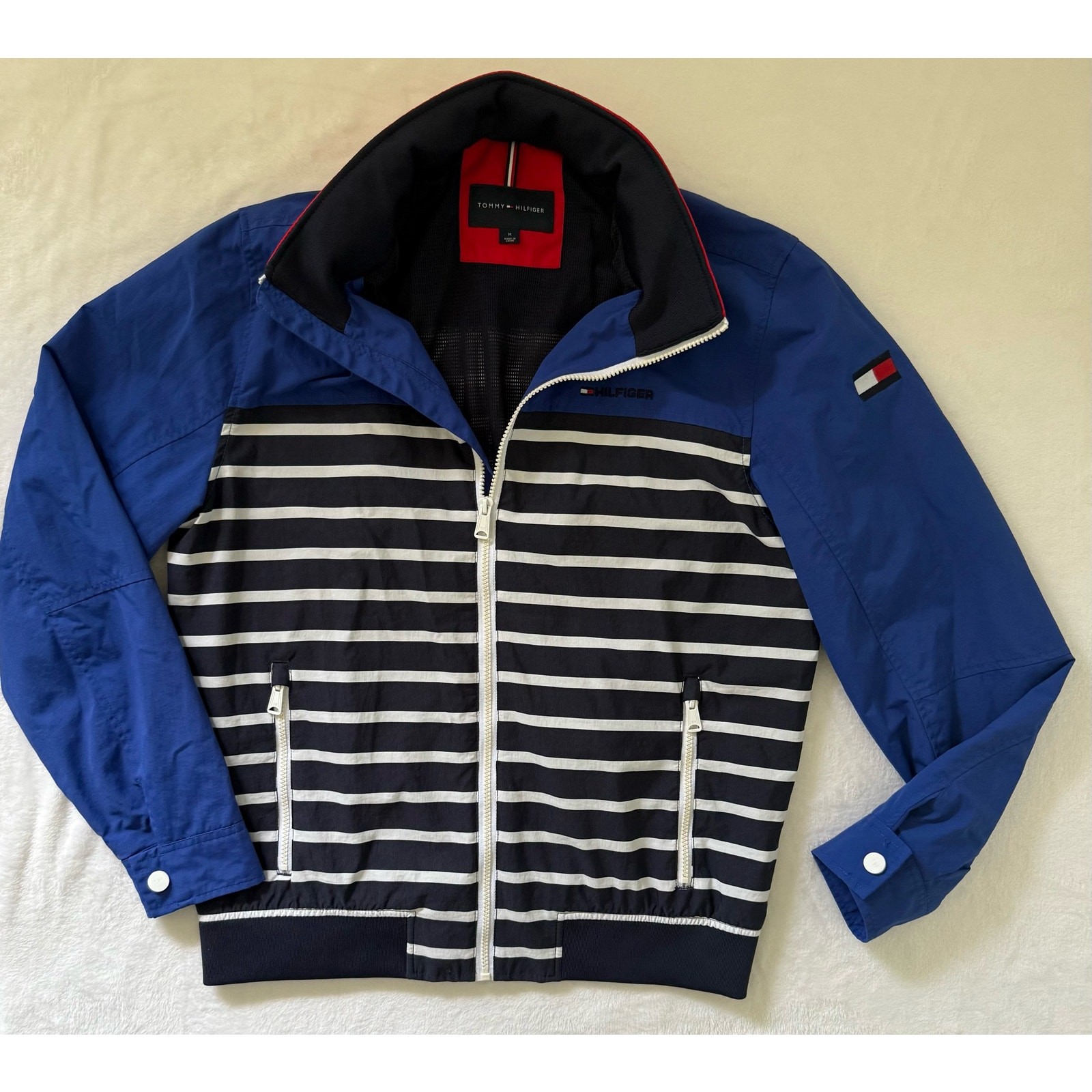 TOMMY HILFIGER Sz Medium Regatta Jacket Rain Wind Resistant Striped Hidden Hood