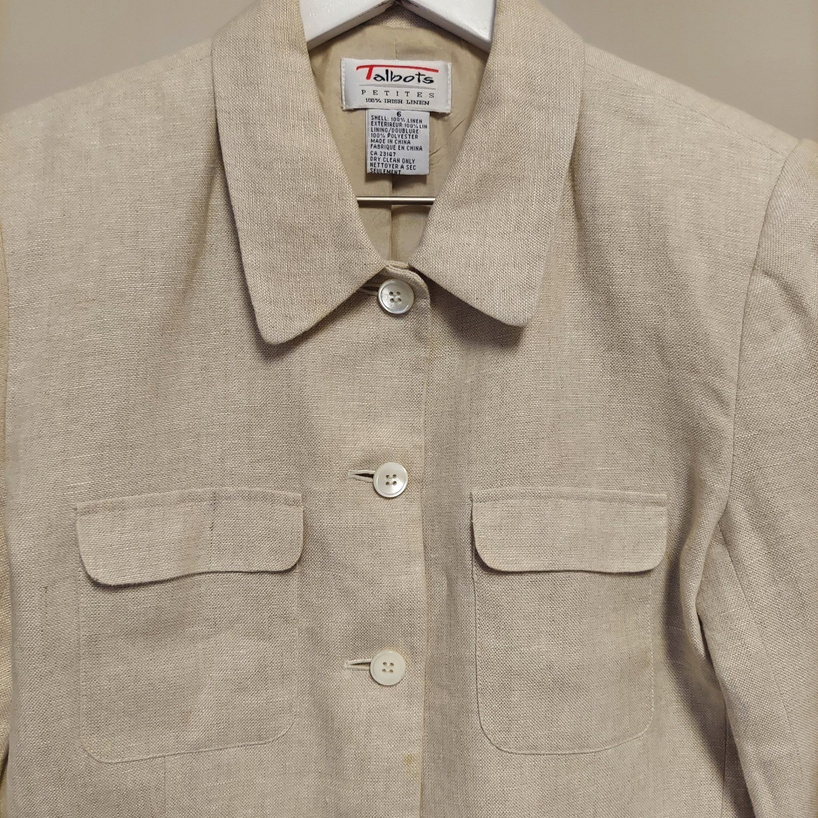 Talbots Petites 100% Irish Linen Safari Jacket Beige Tan Button Up Blazer Size 6