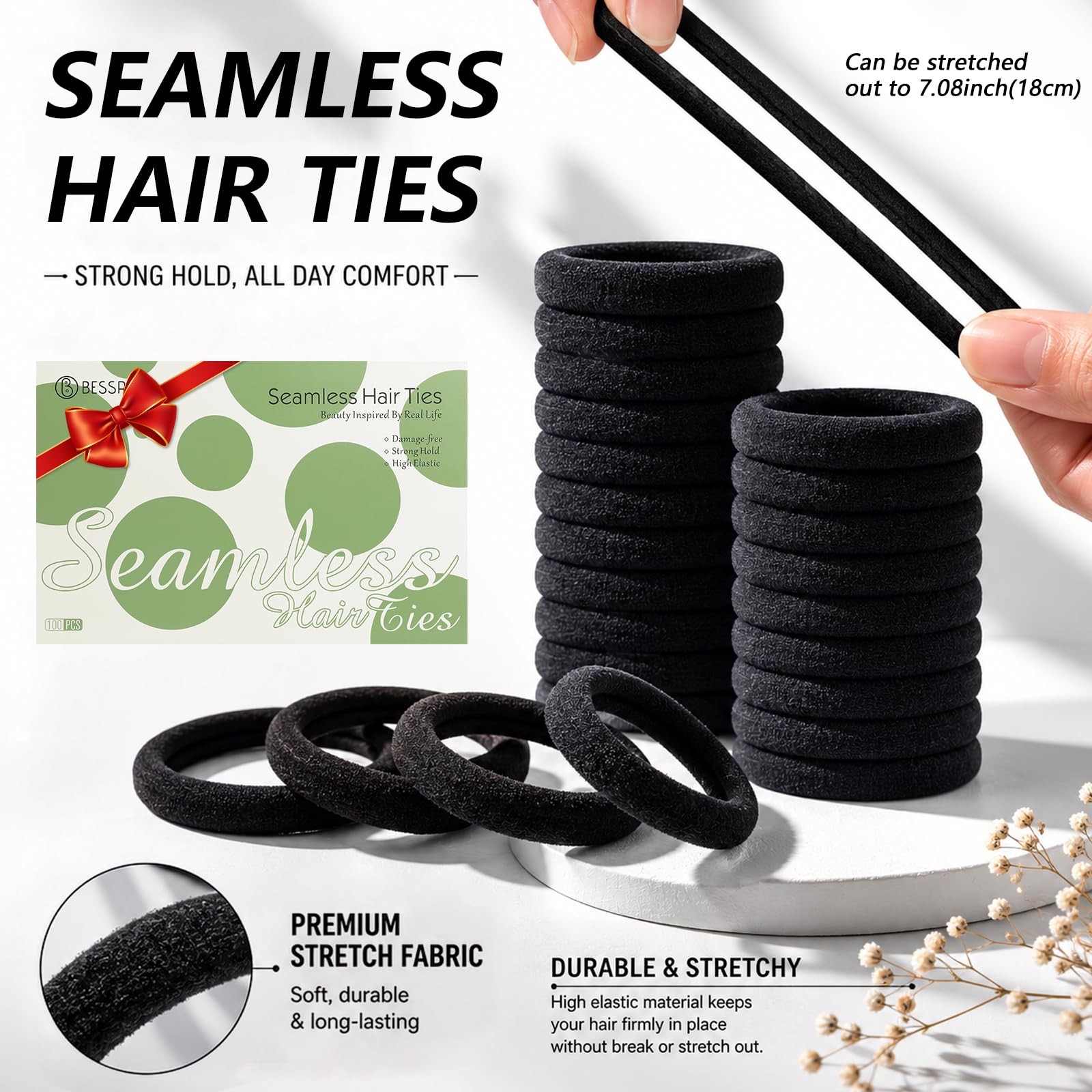 100PCS Black Seamless Elastic Hair Ties No Damage for Women Girls