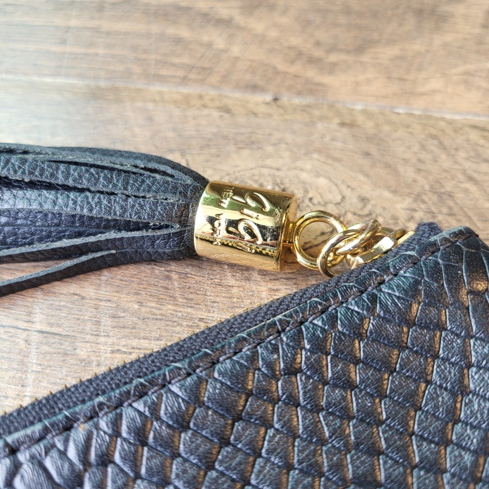 GiGi New York Black Python Embossed Leather Tassel Clutch Monogram JCB