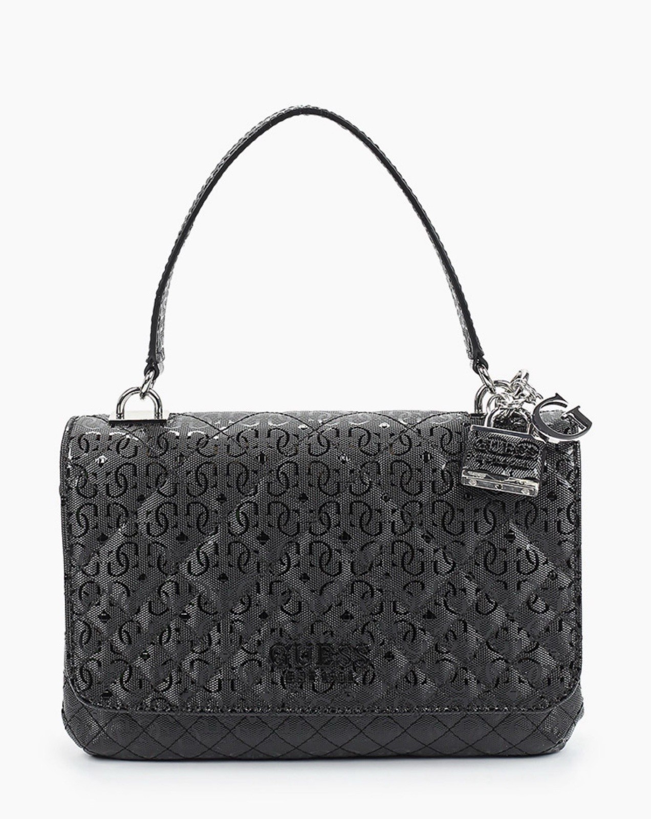 GUESS Logo Quilted Shoulder Bag Black Zip/Magnetic Closure Charm Silver Hardware