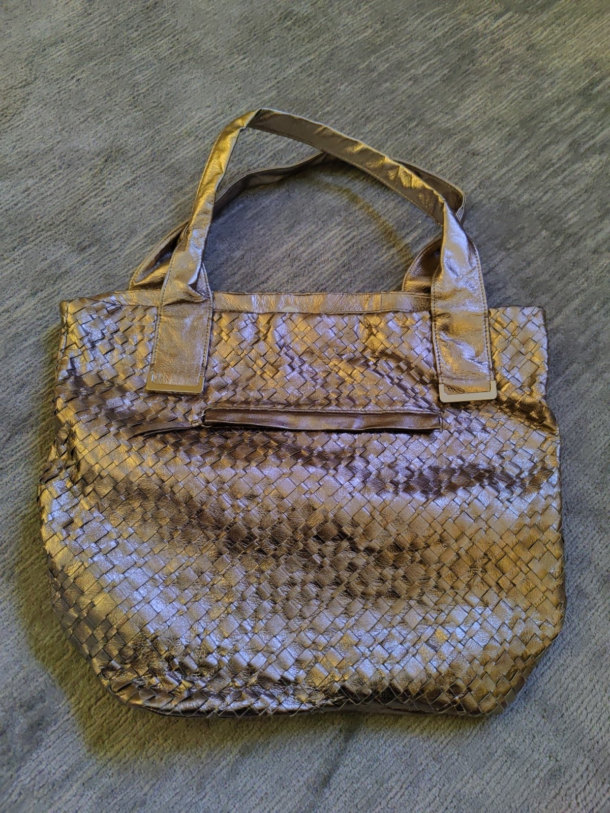 Elliott Lucca Metallic Leather Woven Handbag Tote Purse Champagne Gold Logo LG