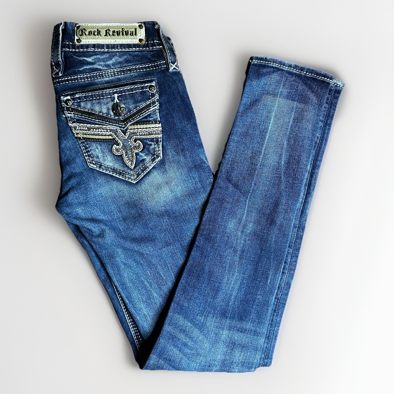 Rock Revival Jeans Womens 24×32 Blue Denim Mid Skinny Embellished Top Stitched