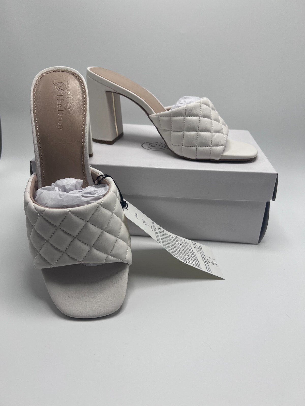 The Drop Pattie Women’s Heeled Mules Ivory Quilted Shoes New in Box
