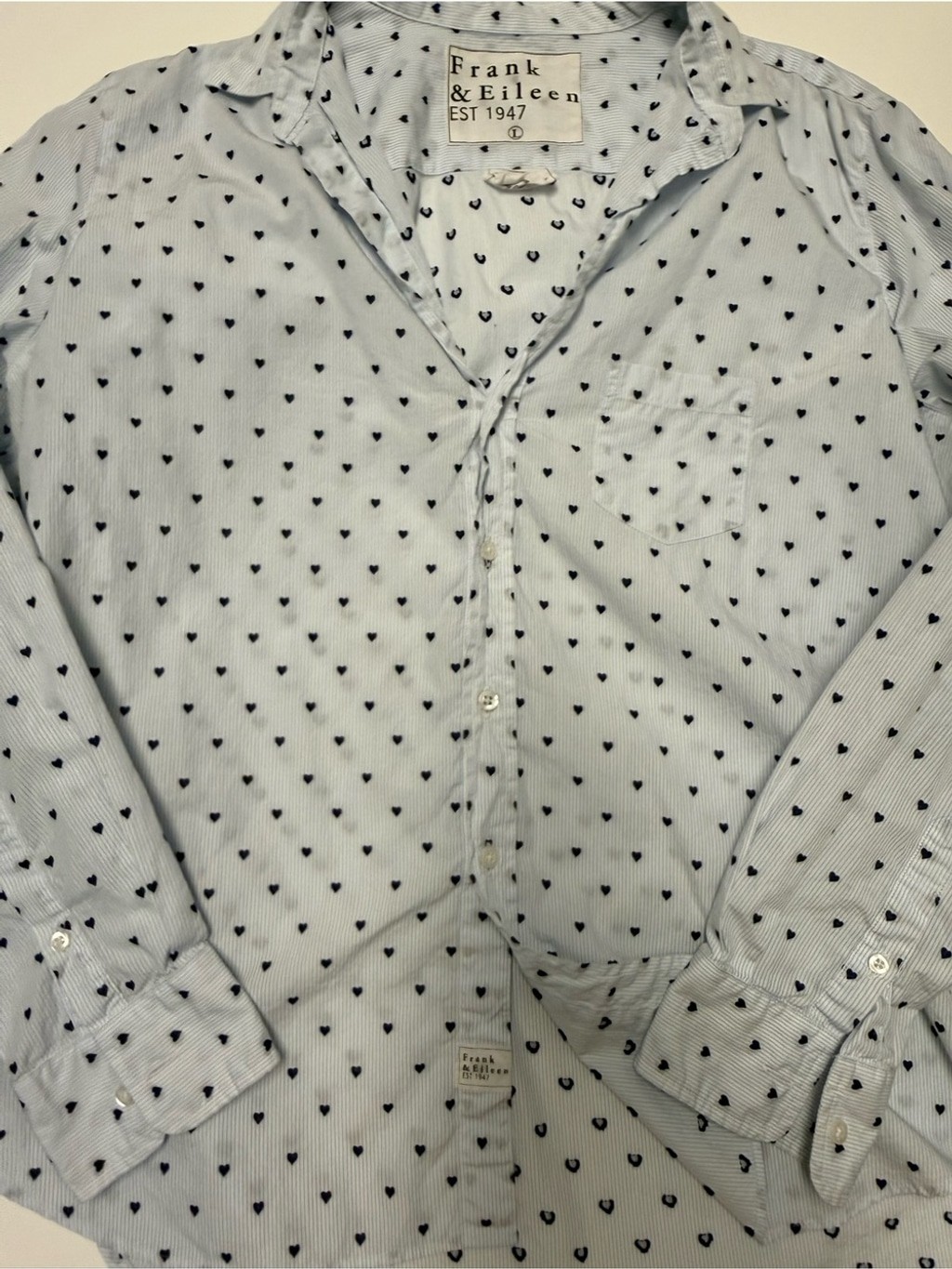 Frank & Eileen Eileen Heart Print Button Front Shirt Blue Stripe Large