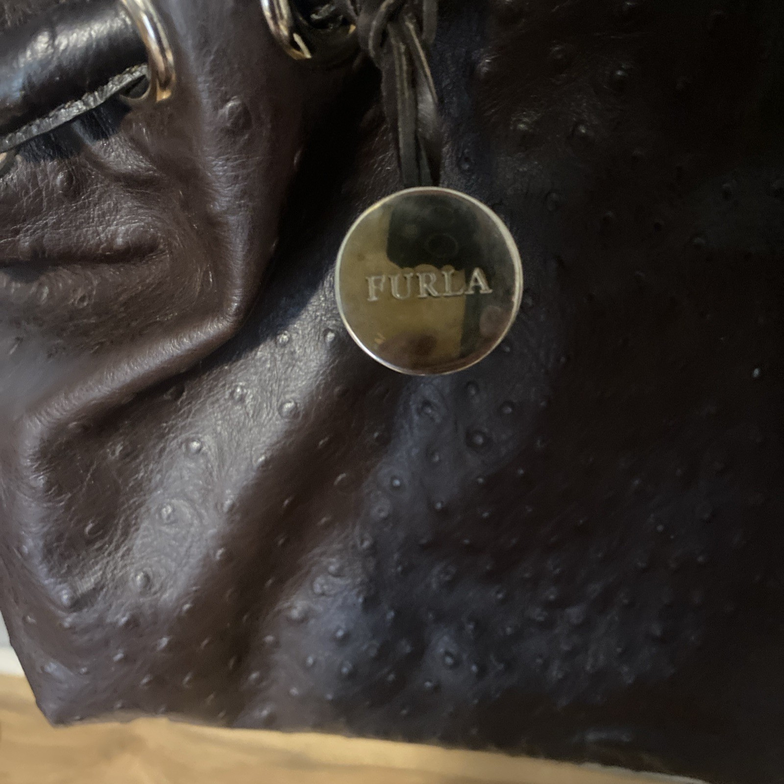 Furla Ostrich Embossed Leather Dark Brown Satchel Bag