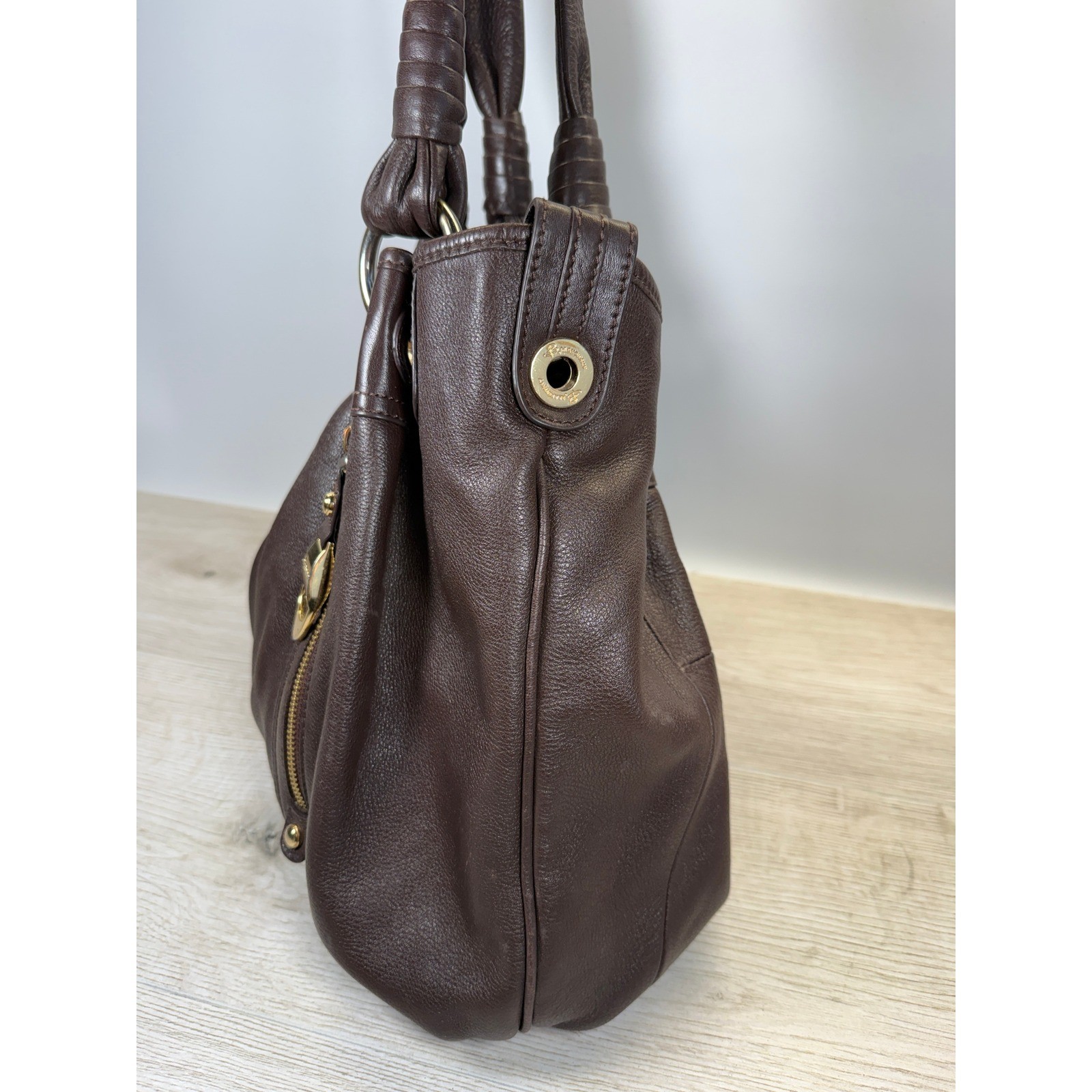 B Makowsky Women Large Shoulder Bag Brown Pebbled Leather Gold Leopard Hobo Boho