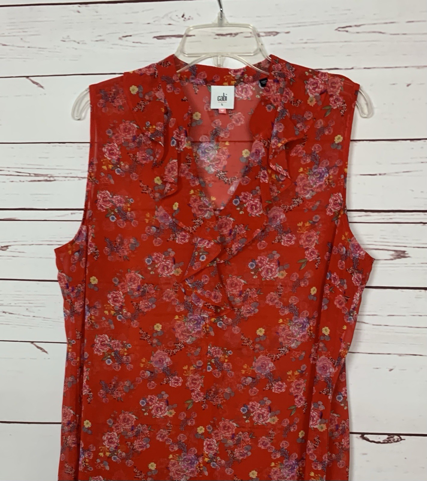 CAbi Women’s L Large Red Floral Ruffle Sleeveless Sheer Summer Top Blouse