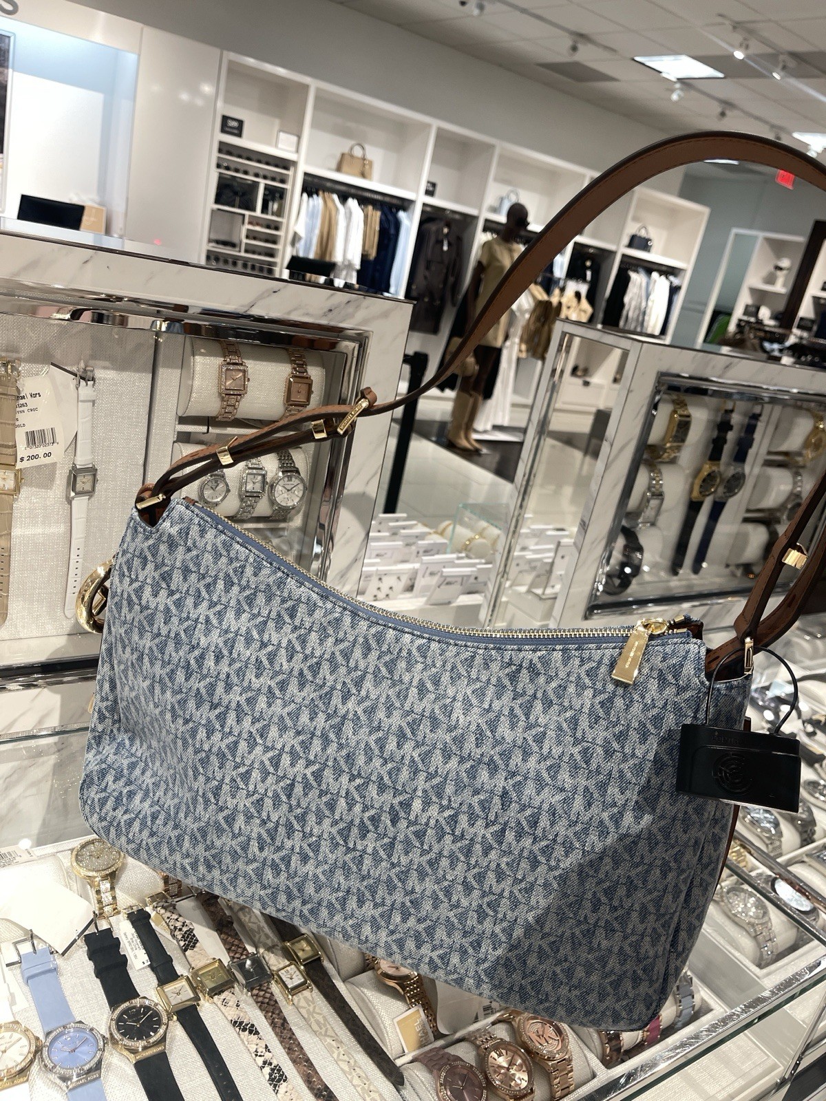 MICHAEL KORS Nolita Medium Signature Logo Print Denim Convertible Should NWT