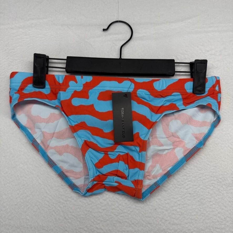 Todd Sanfield Swim Brief Men’s Small Blue Abstract Retro Swimsuit Funky Deep NEW