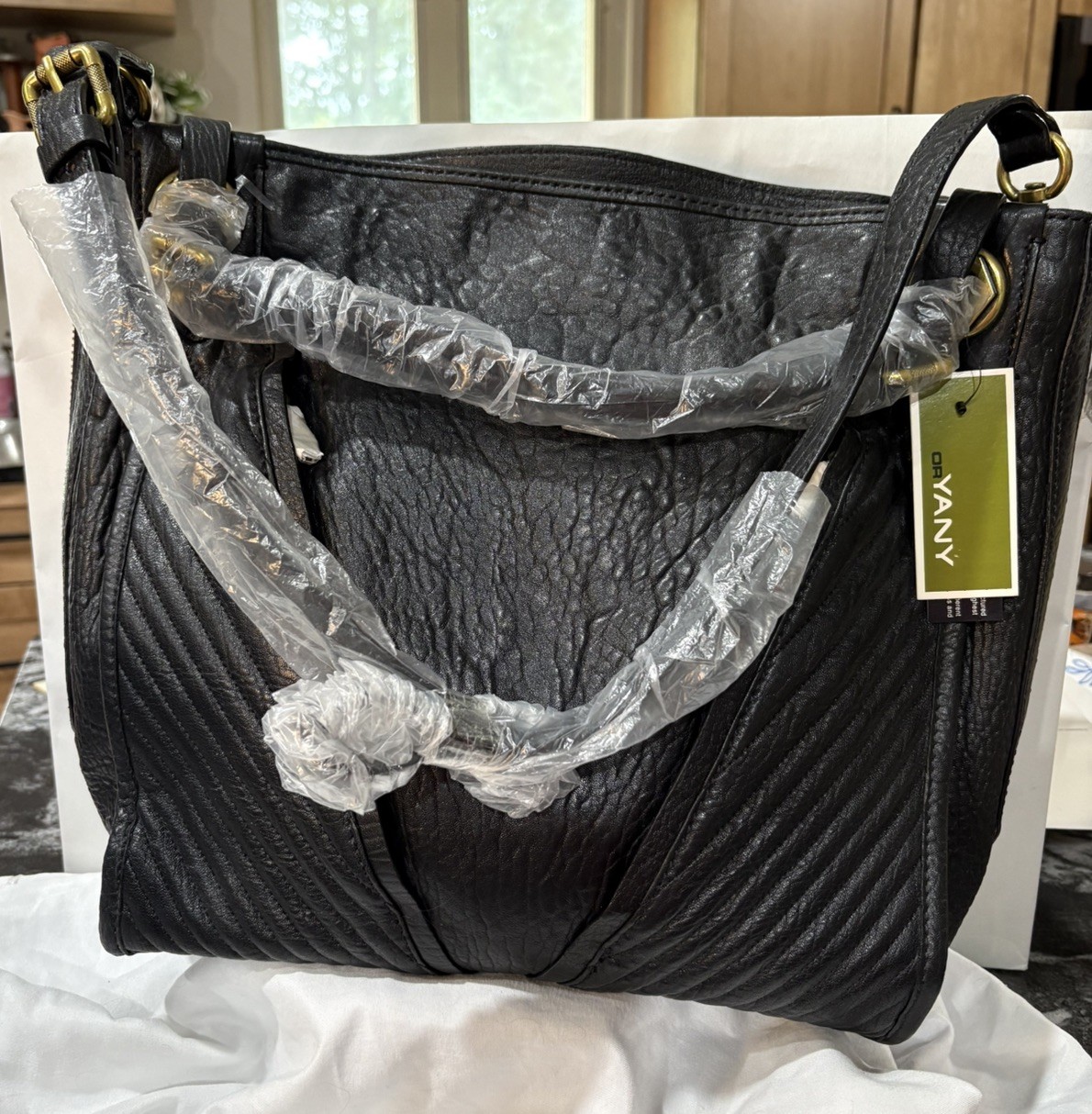 OrYany Distressed Pebbled Leather Bag Satchel Hand Bag Golden Hardware Ret $585
