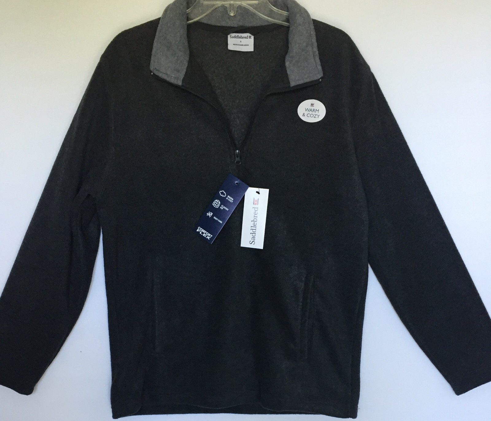 Pullover Fleece Saddlebred Small LS Black Gray Collar Solid Mens NWT New